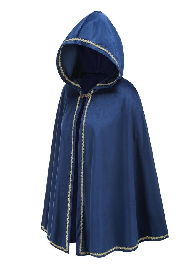 GRAJTCIN Renaissance Hooded Cape Medieval Cloak with Hood Victorian Capelet for Women Velvet Hobbit Halloween Costume (25.6", Blue) - Image 2